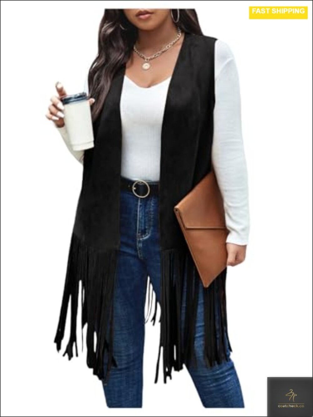 Fringe Faux Suede Vest Coat Open Front Plus Size
